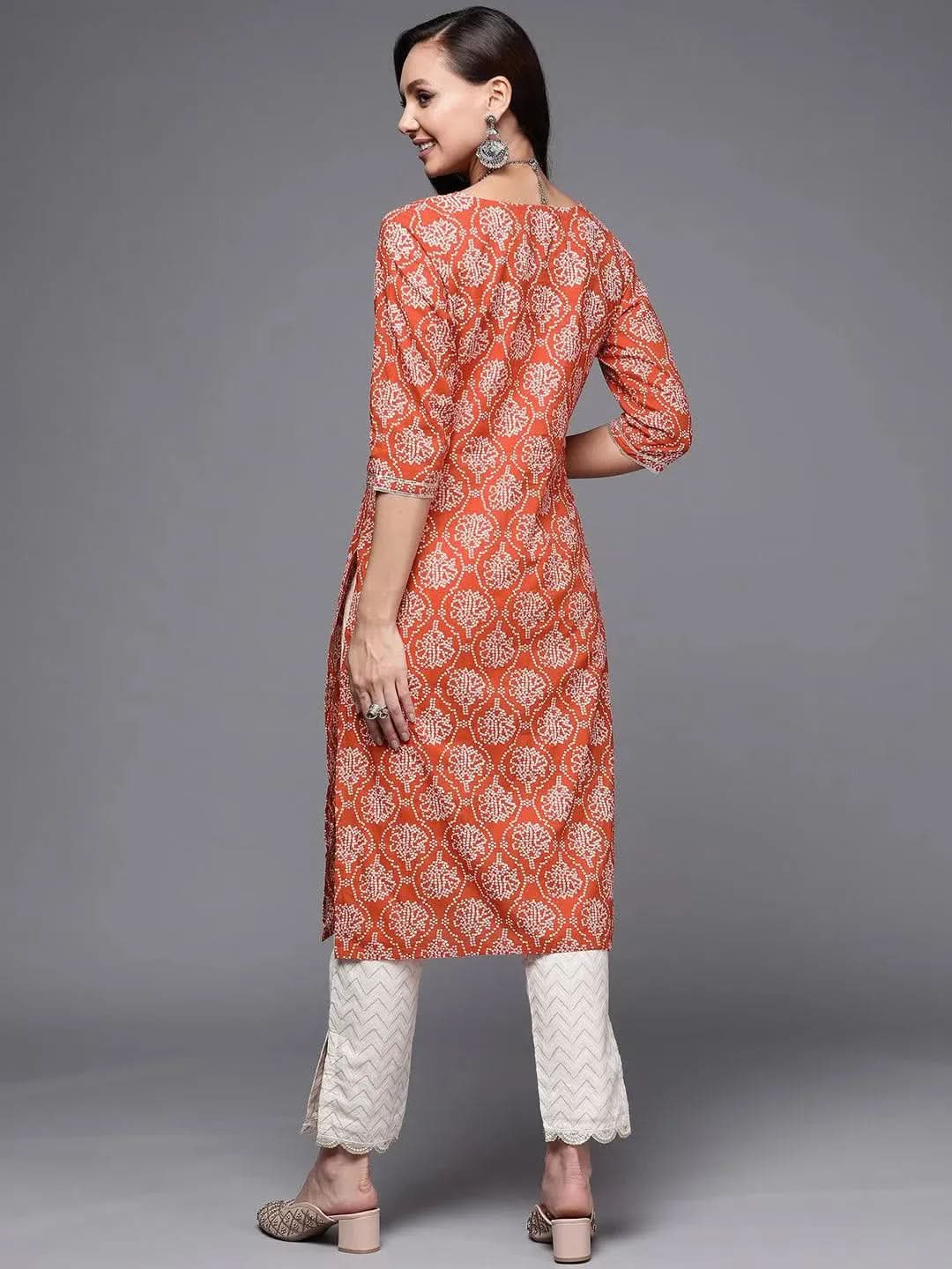 Rust Printed Cotton Straight Kurta - Libas
