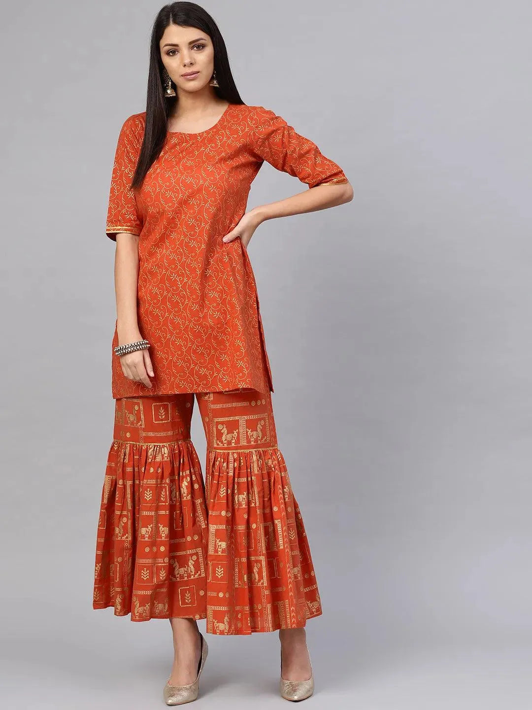 Rust Printed Cotton Kurta Set - Libas
