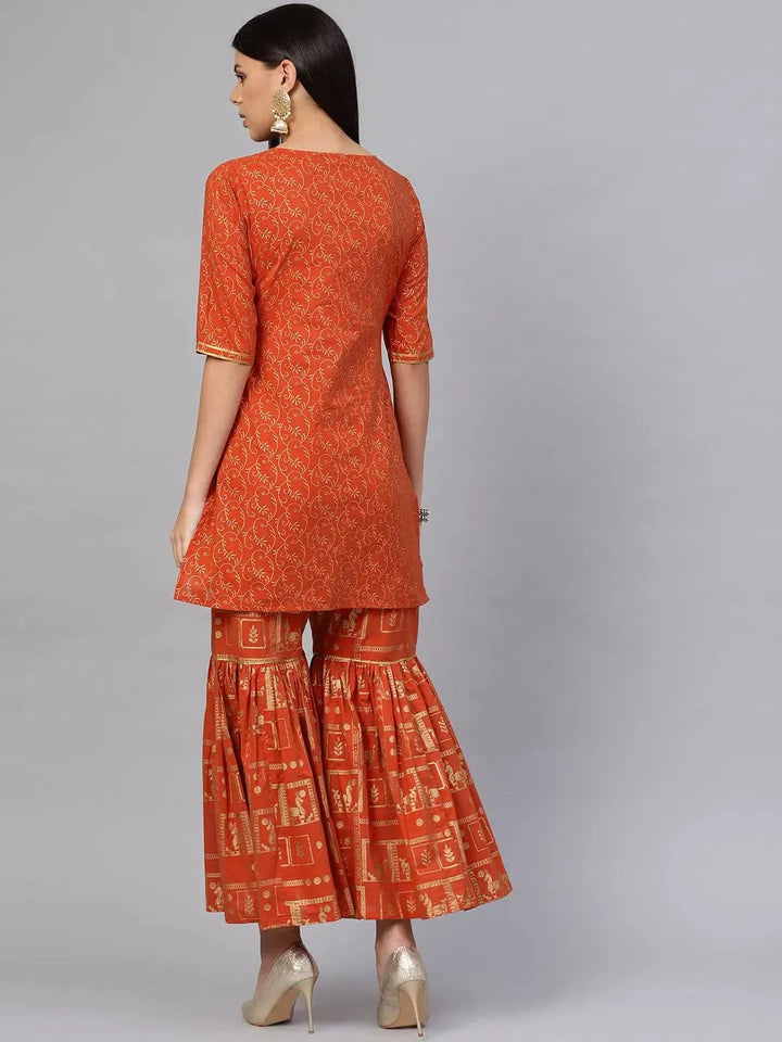 Rust Printed Cotton Kurta Set - Libas