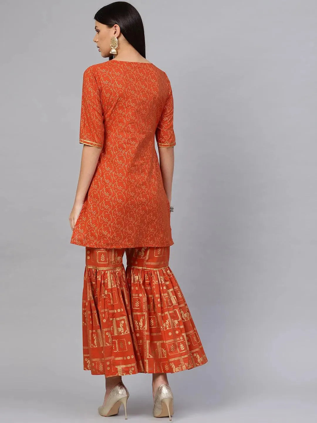 Rust Printed Cotton Straight Kurta With Sharara
Rust Printed Cotton Straight Kurta With Sharara