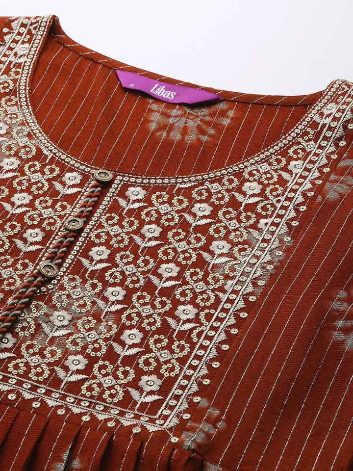 Rust Printed Fit and Flare Rayon Dress - Libas