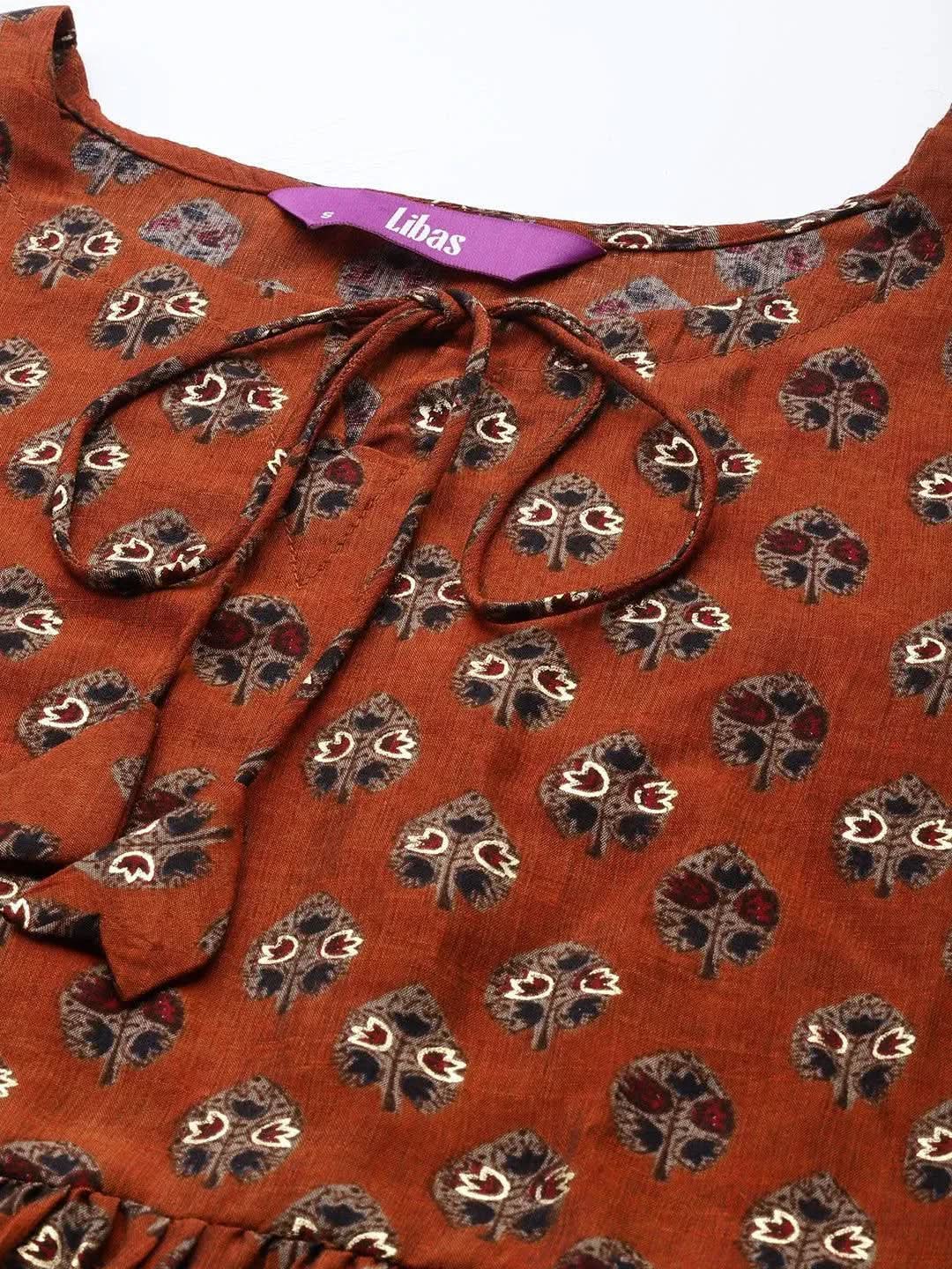 Rust Printed Silk Blend A-Line Kurti - Libas