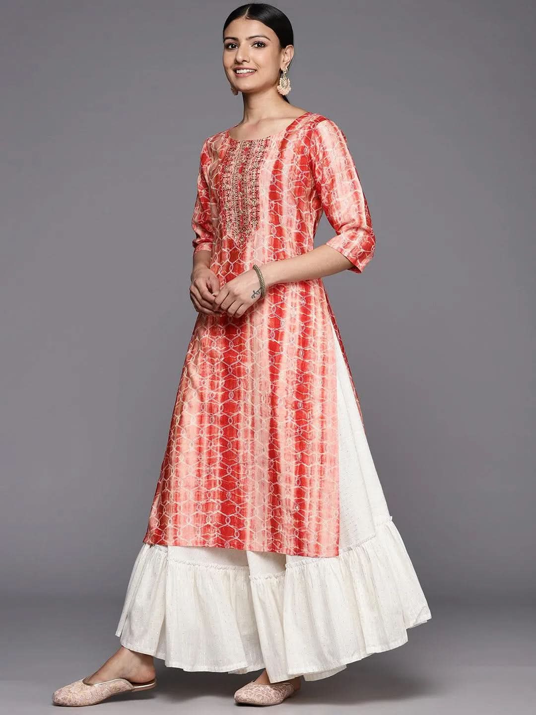 Rust Printed Silk Straight Kurta - Libas
