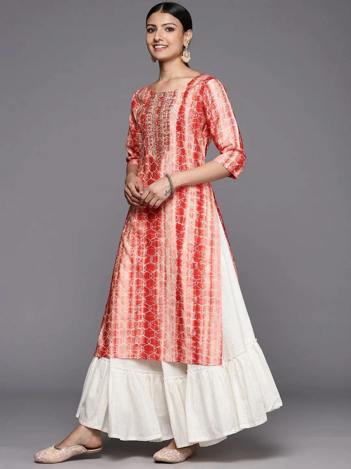 Rust Printed Silk Straight Kurta - Libas