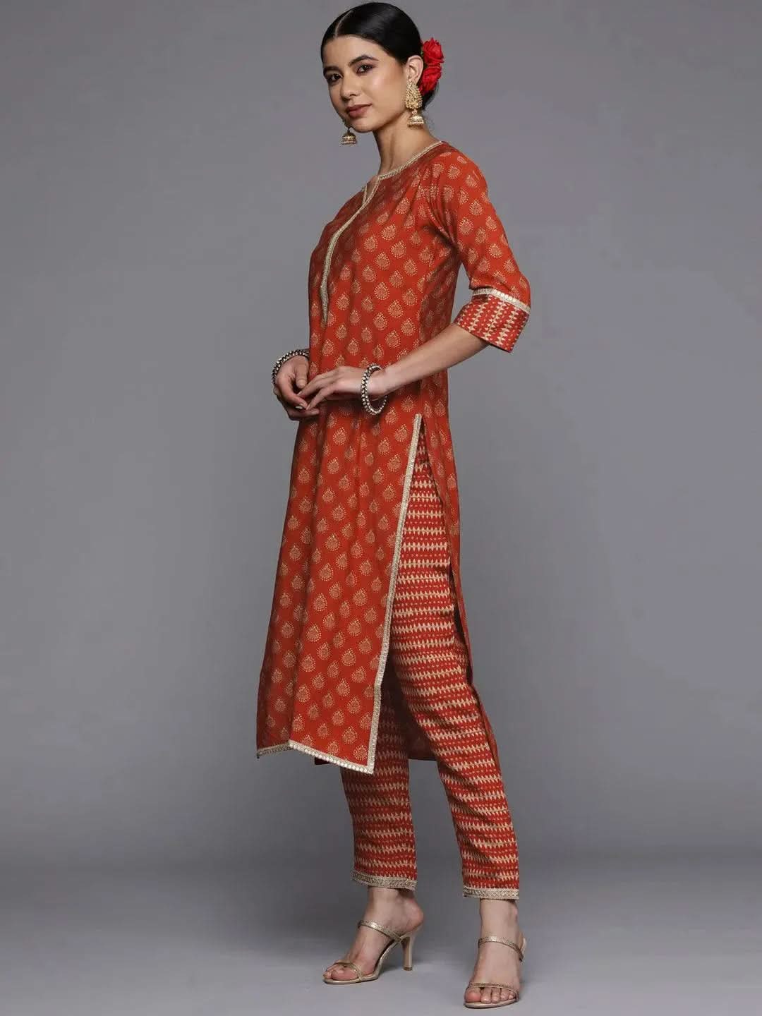 Rust Printed Silk Straight Kurta - Libas