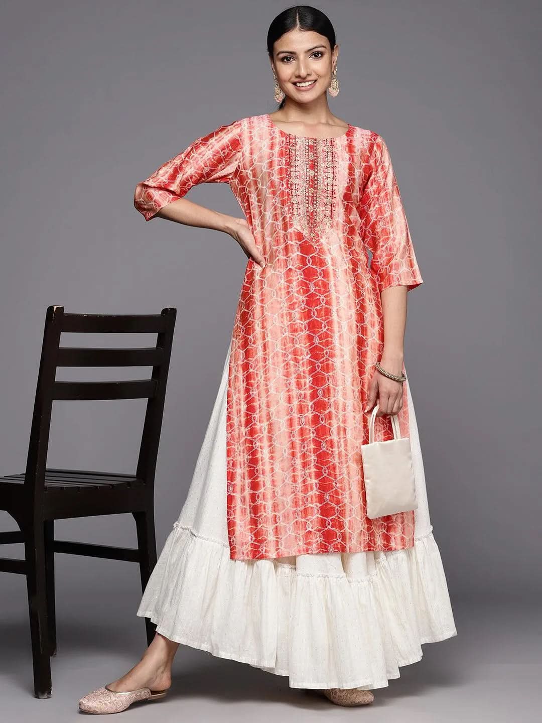 Rust Printed Silk Straight Kurta - Libas