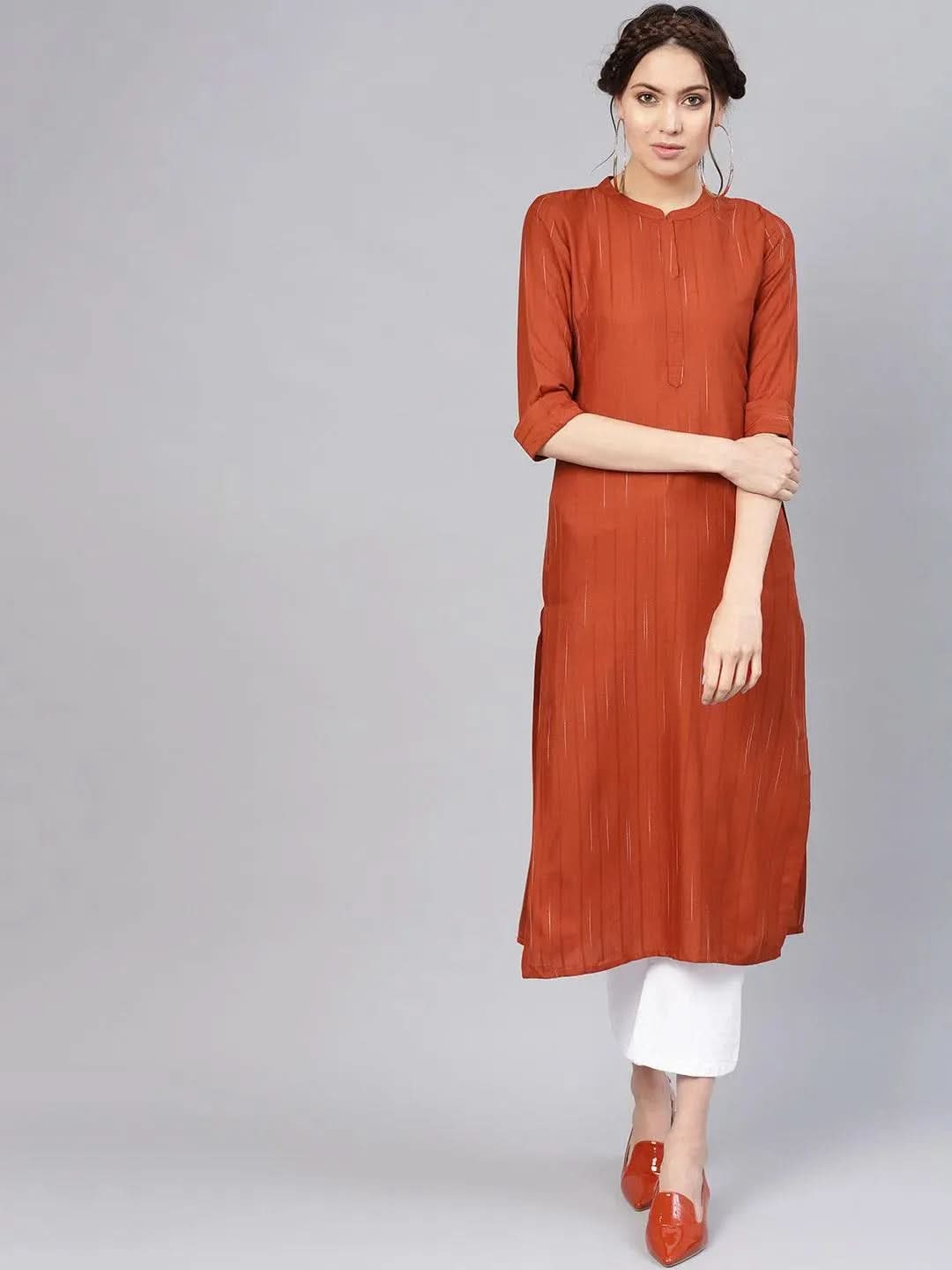 Rust Striped Rayon Kurta - Libas