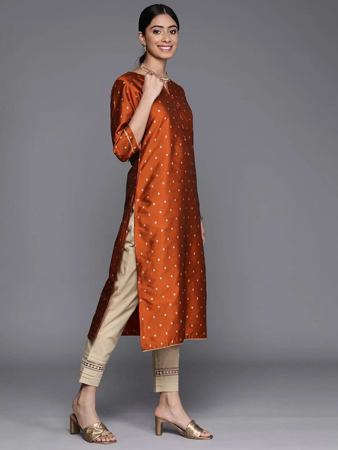 Rust Woven Design Art Silk Straight Kurta - Libas