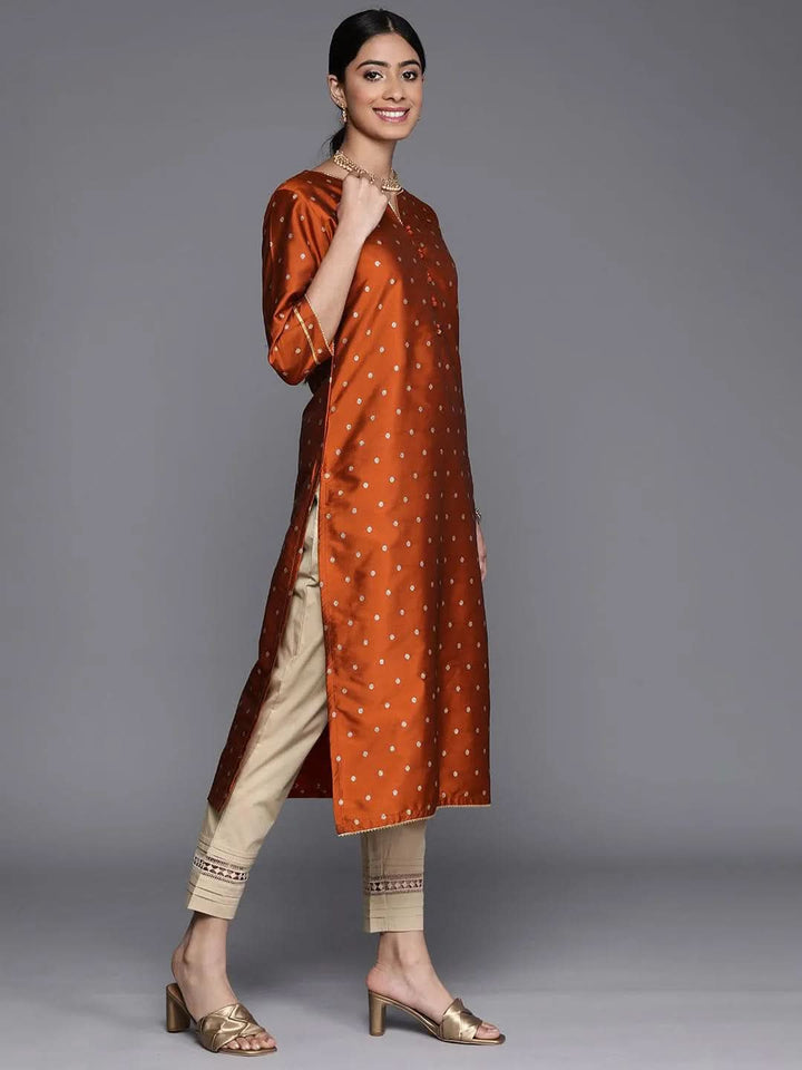 Rust Woven Design Art Silk Straight Kurta - Libas