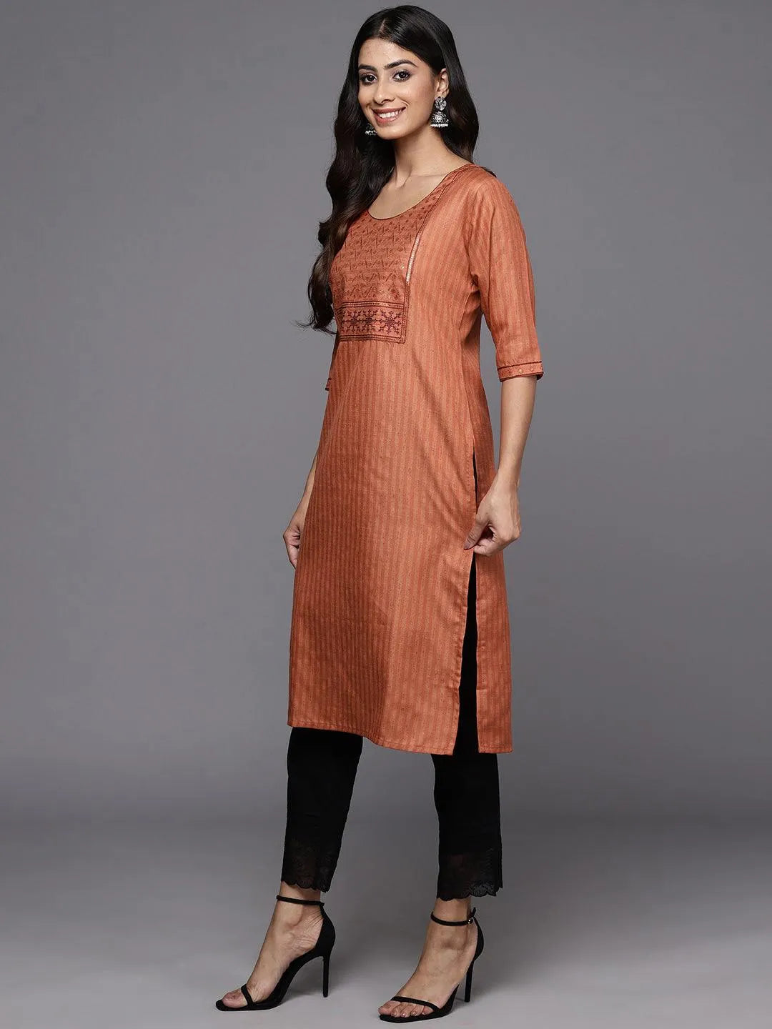 Rust Yoke Design Cotton Straight Kurta - Libas