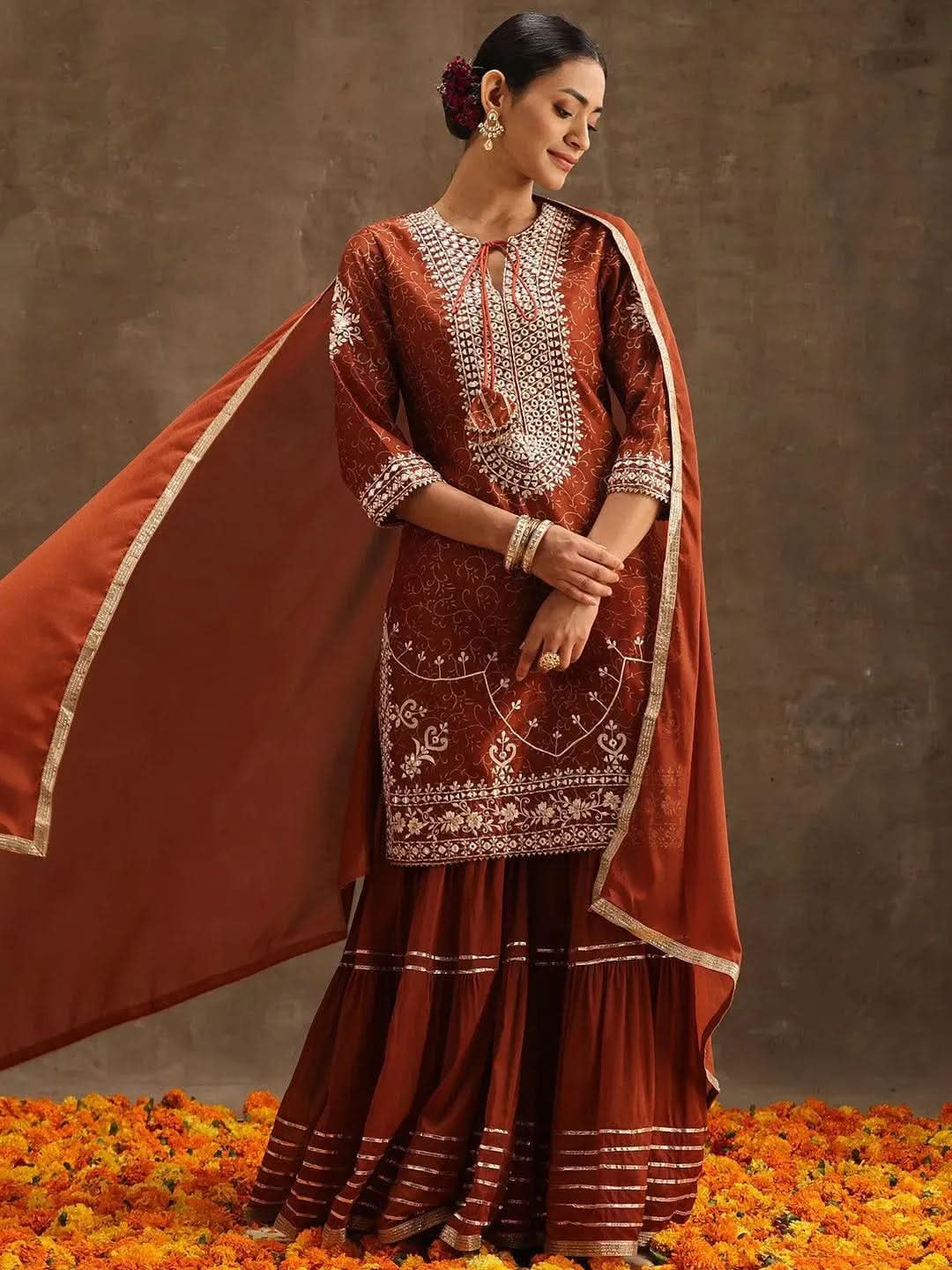 Rust Yoke Design Silk Blend Suit Set With Sharara - Libas