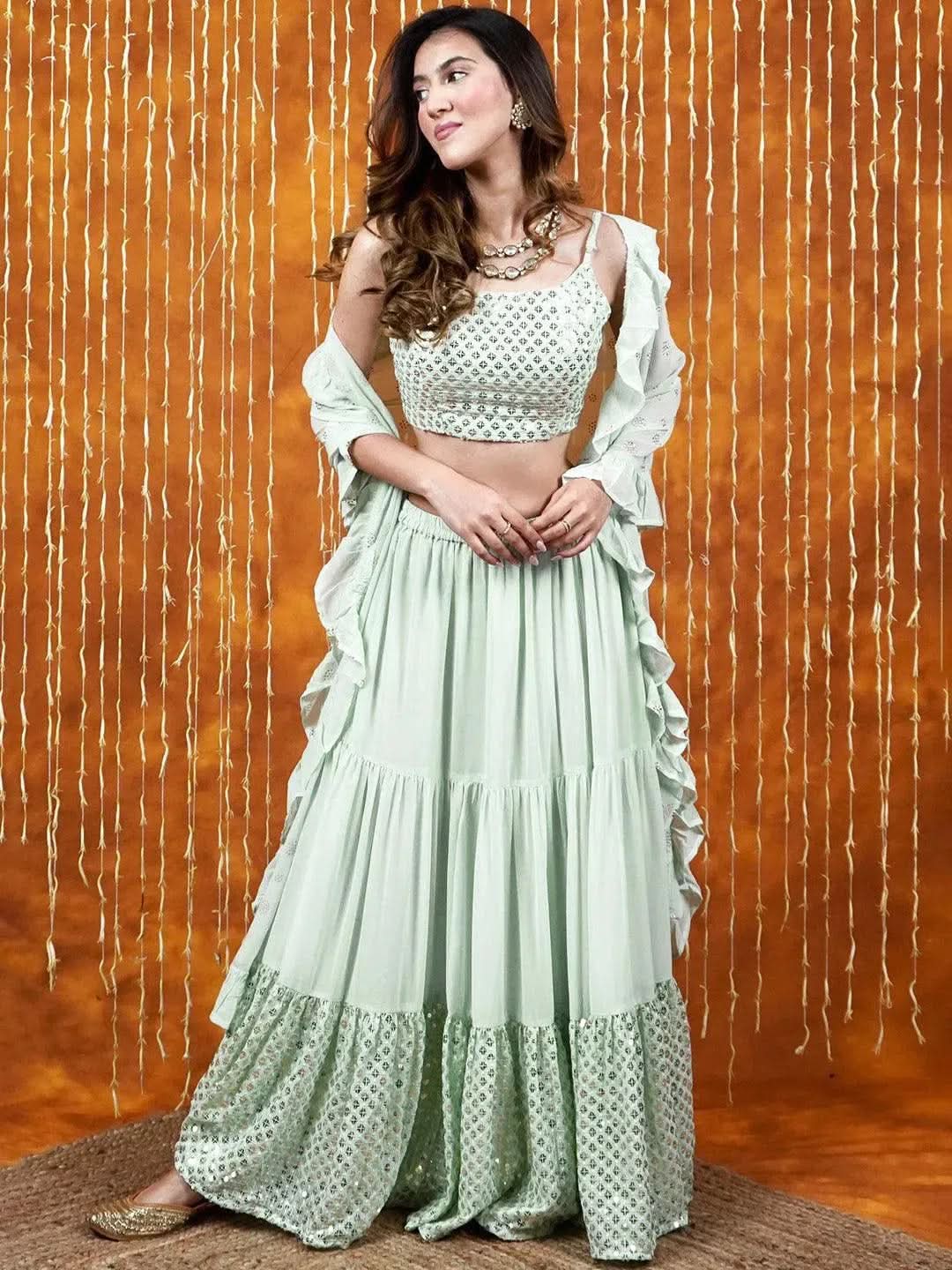 Sea Green Embellished Georgette Lehenga - Libas