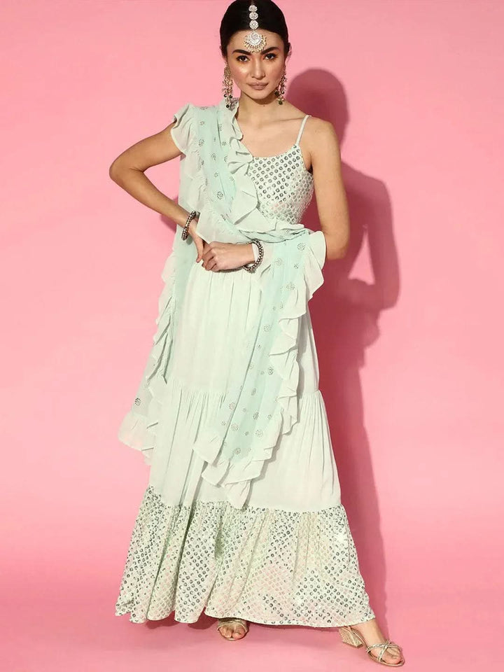 Sea Green Embellished Georgette Lehenga - Libas