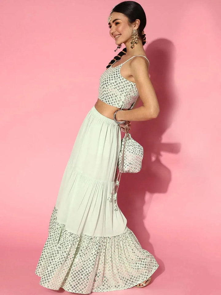 Sea Green Embellished Georgette Lehenga - Libas