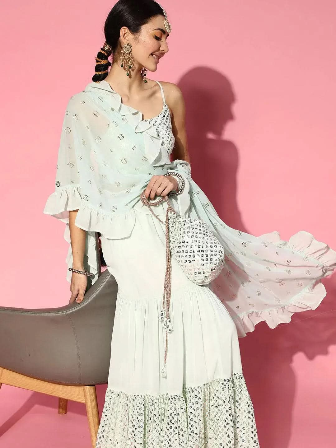 Sea Green Embellished Georgette Lehenga - Libas