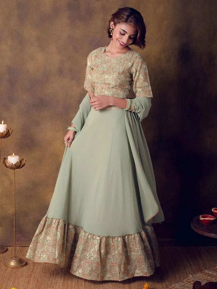 Sea Green Embroidered Georgette Lehenga Choli - Libas