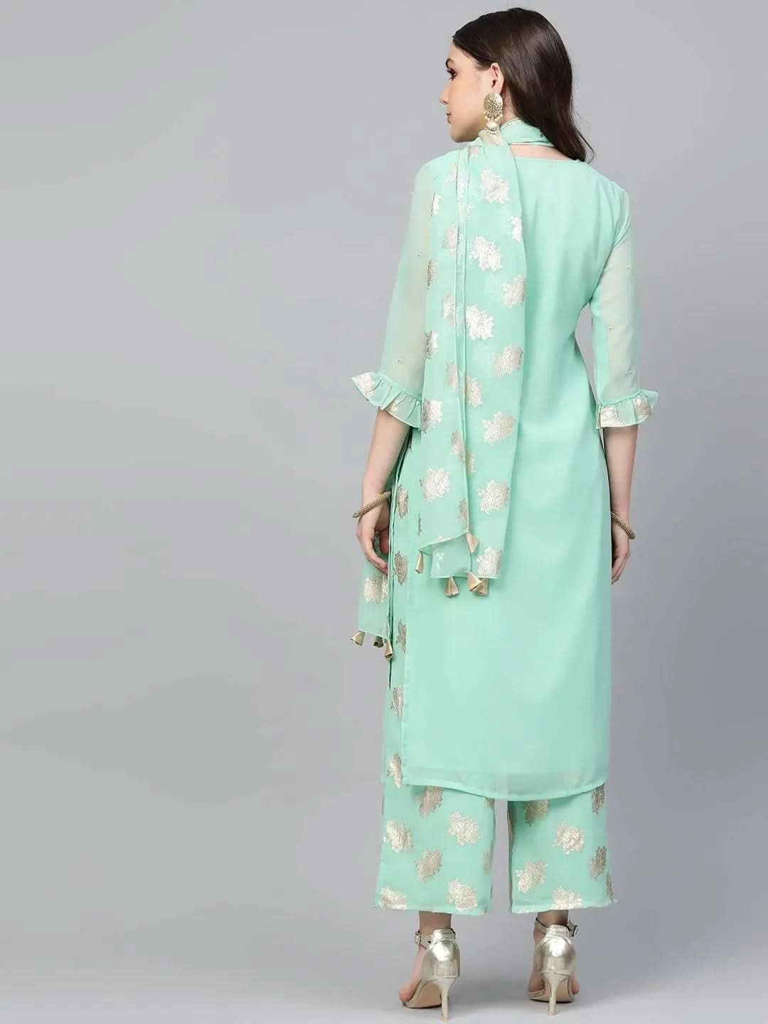 Sea Green Embroidered Georgette Straight Kurta With Palazzos & Stole
Sea Green Embroidered Georgette Straight Kurta With Palazzos & Stole