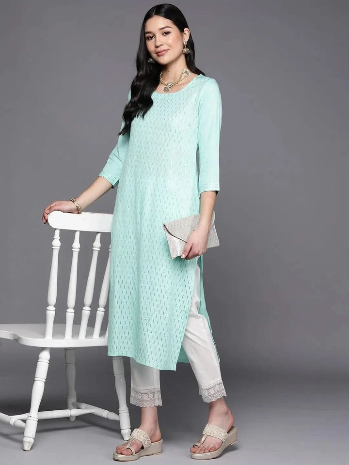 Sea Green Embroidered Rayon Straight Kurta - Libas