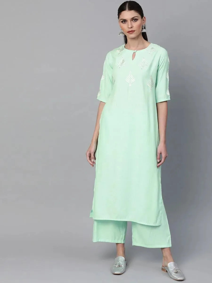 Sea Green Embroidered Rayon Straight Kurta With Palazzos
Sea Green Embroidered Rayon Straight Kurta With Palazzos