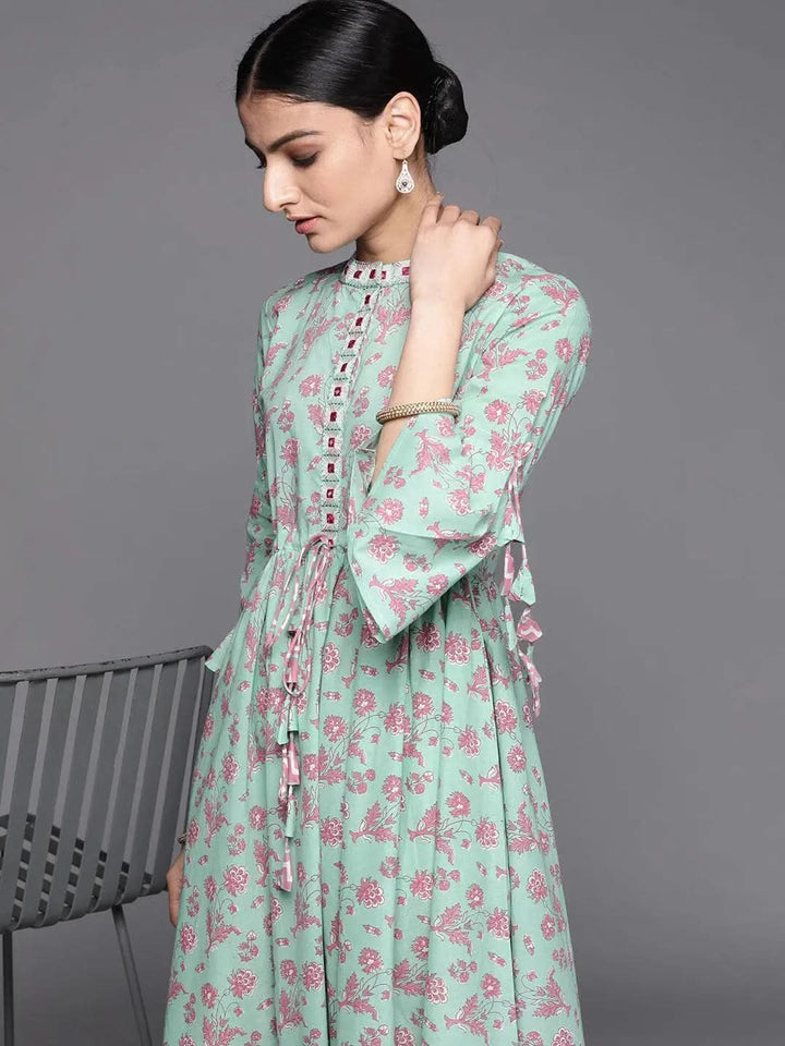 Sea Green Printed Cotton Dress - Libas