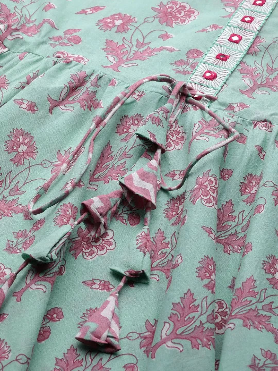 Sea Green Printed Cotton Dress - Libas