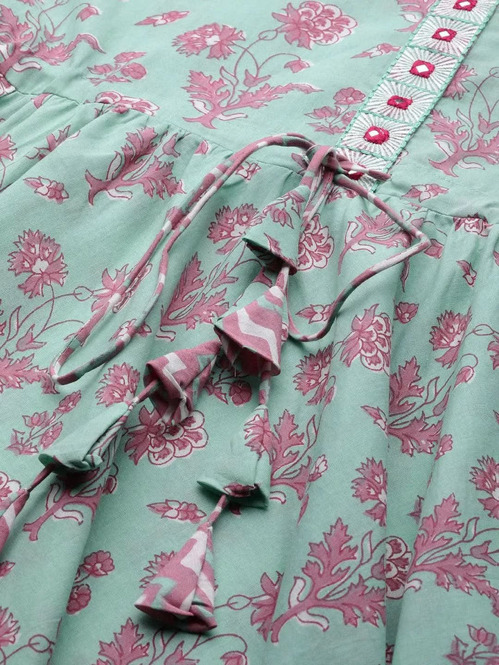 Sea Green Printed Cotton Dress - Libas