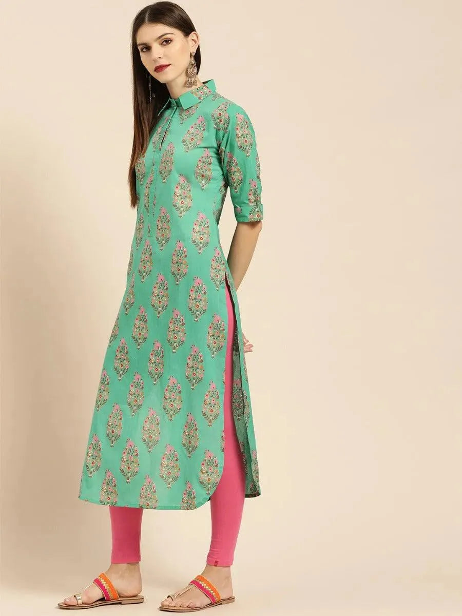 Sea Green Printed Cotton Kurta - Libas