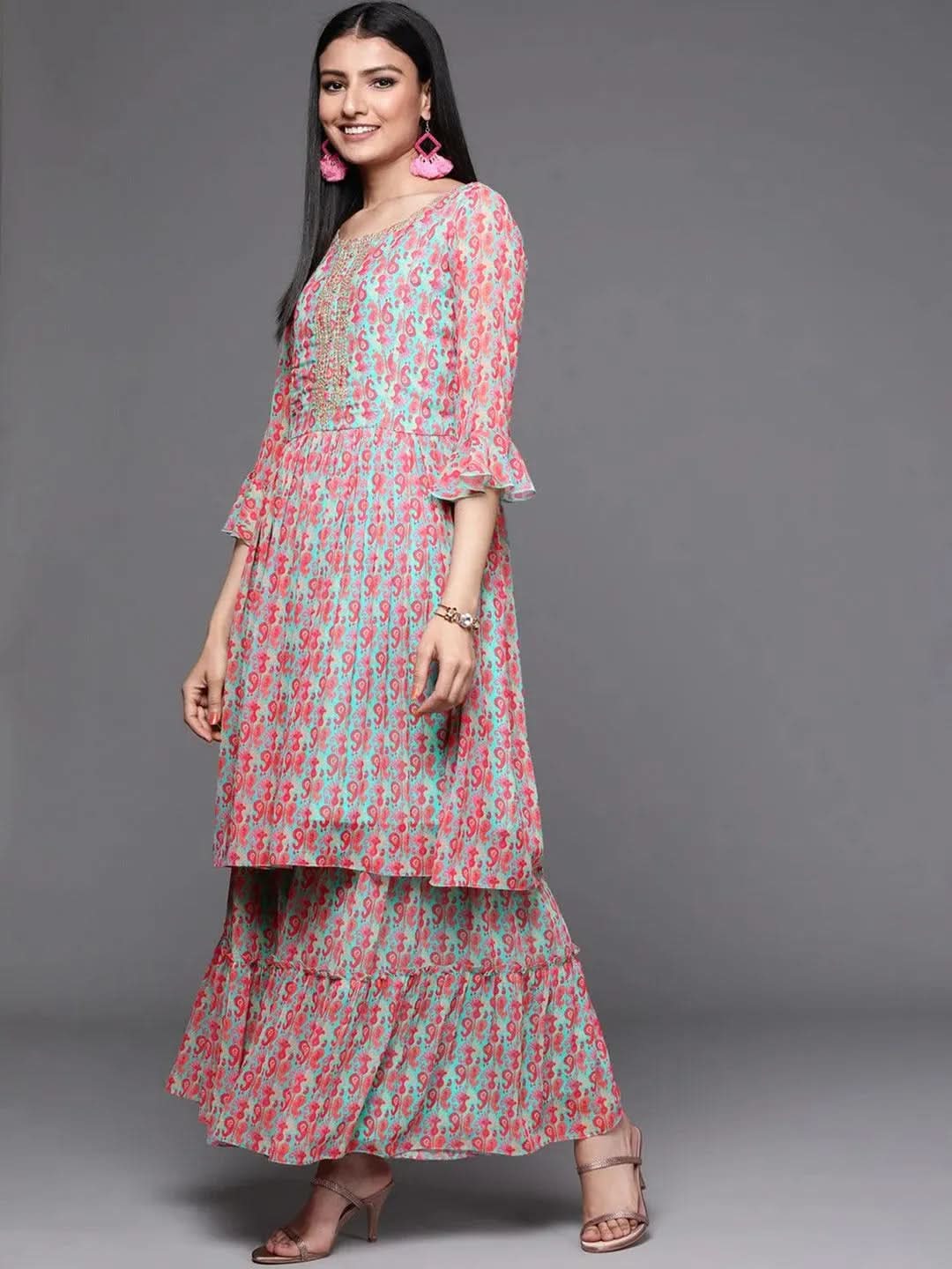 Sea Green Printed Georgette Suit Set - Libas