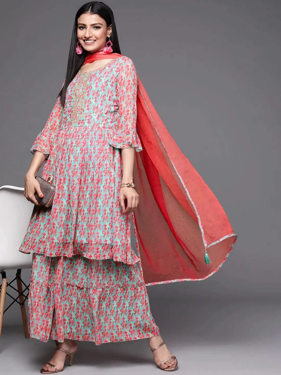 Sea Green Printed Georgette Suit Set - Libas