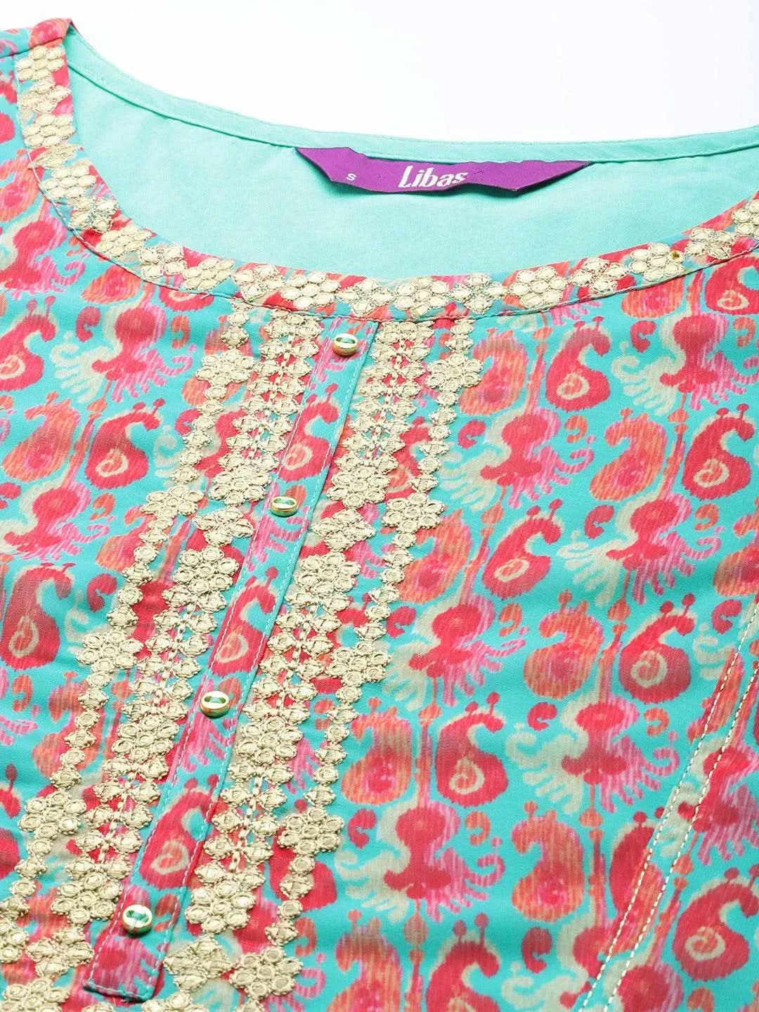 Sea Green Printed Georgette Suit Set - Libas