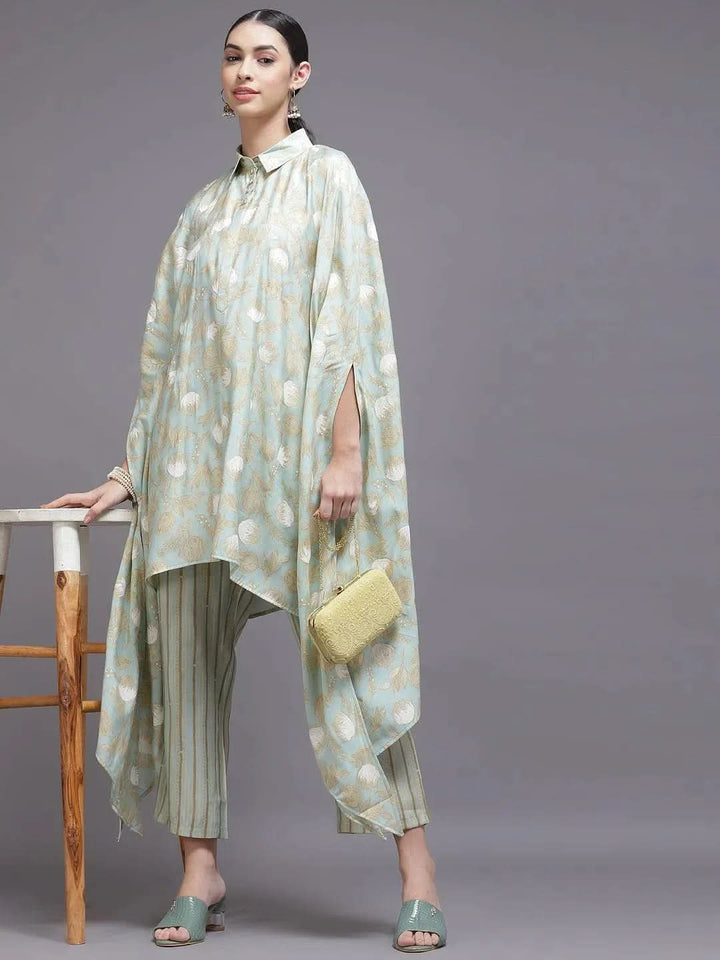 Sea Green Printed Silk Blend Kurta Set - Libas