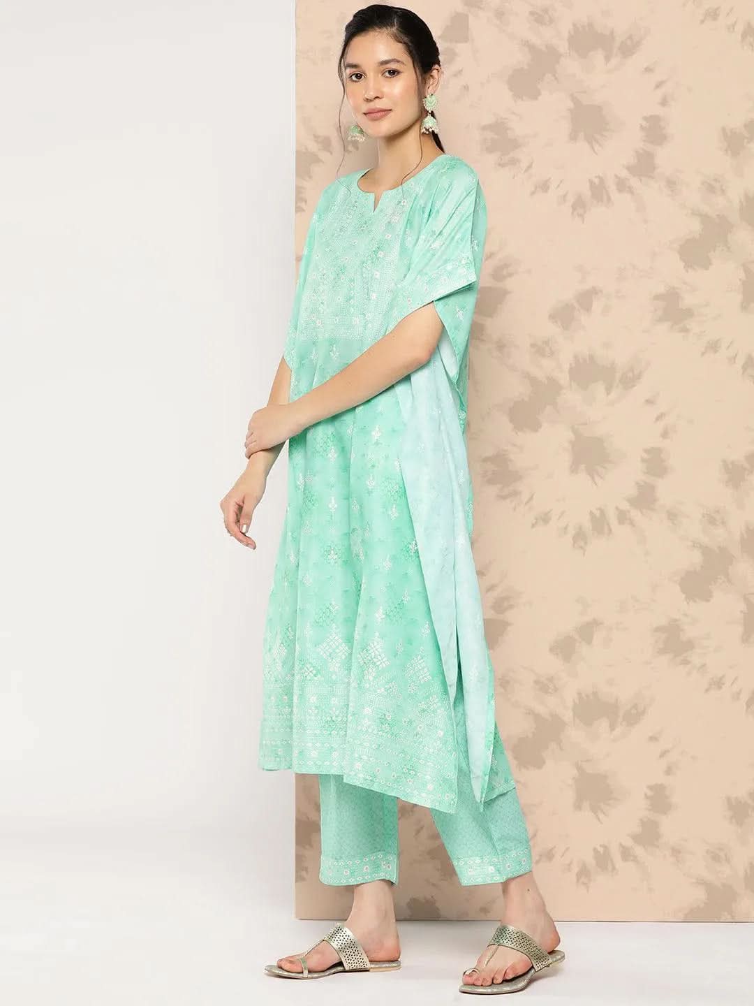 Sea Green Printed Silk Blend Kaftan Kurta With Trousers - Libas