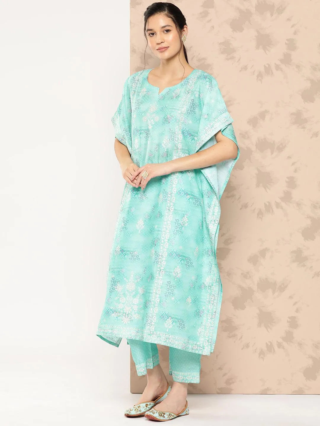 Sea Green Printed Silk Blend Kaftan Kurta With Trousers - Libas