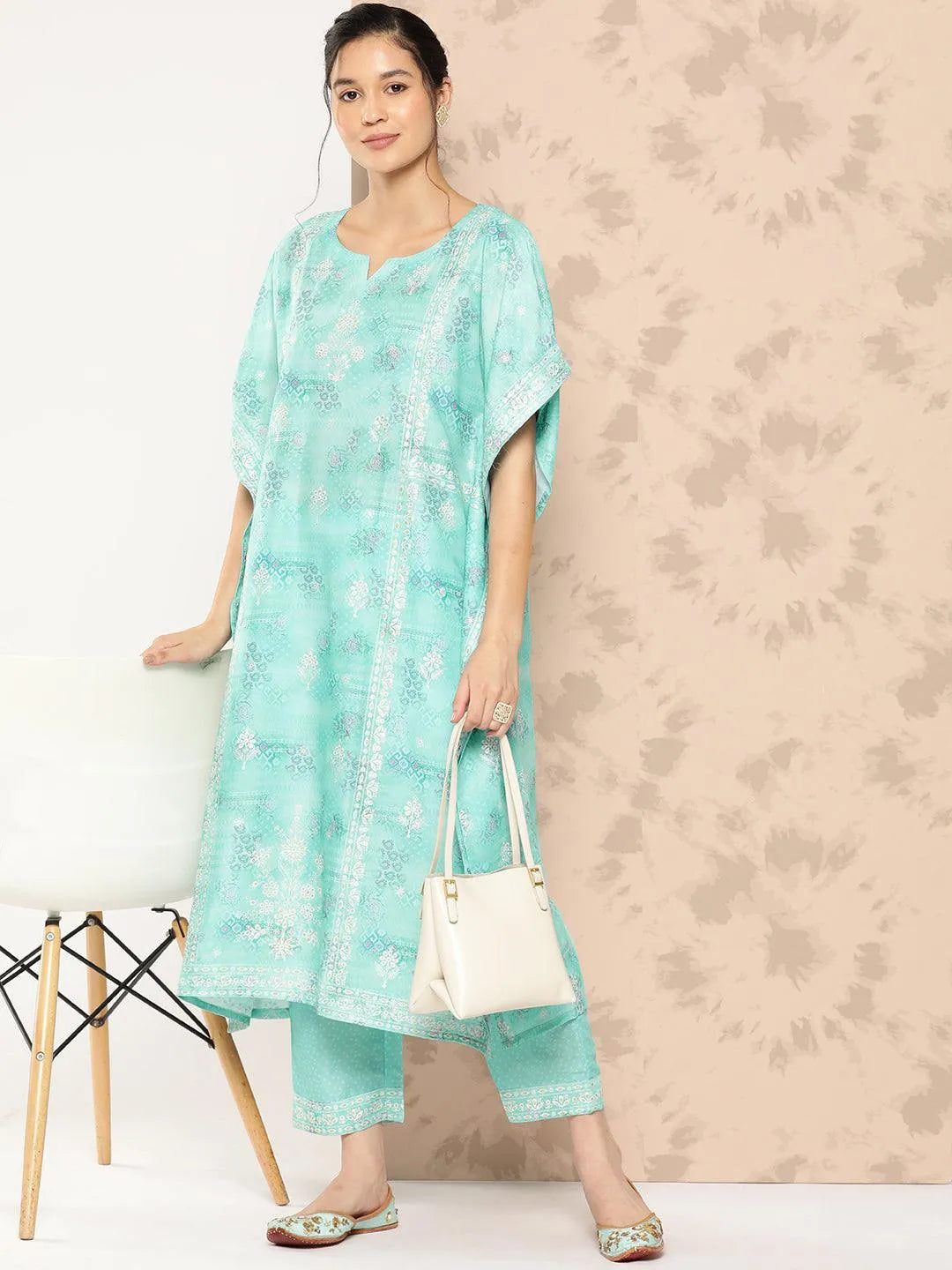 Sea Green Printed Silk Blend Kaftan Kurta With Trousers - Libas