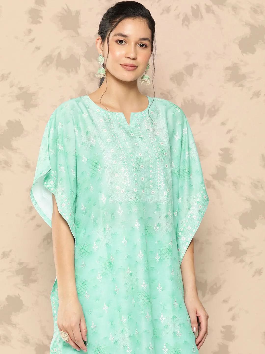 Sea Green Printed Silk Blend Kaftan Kurta With Trousers - Libas