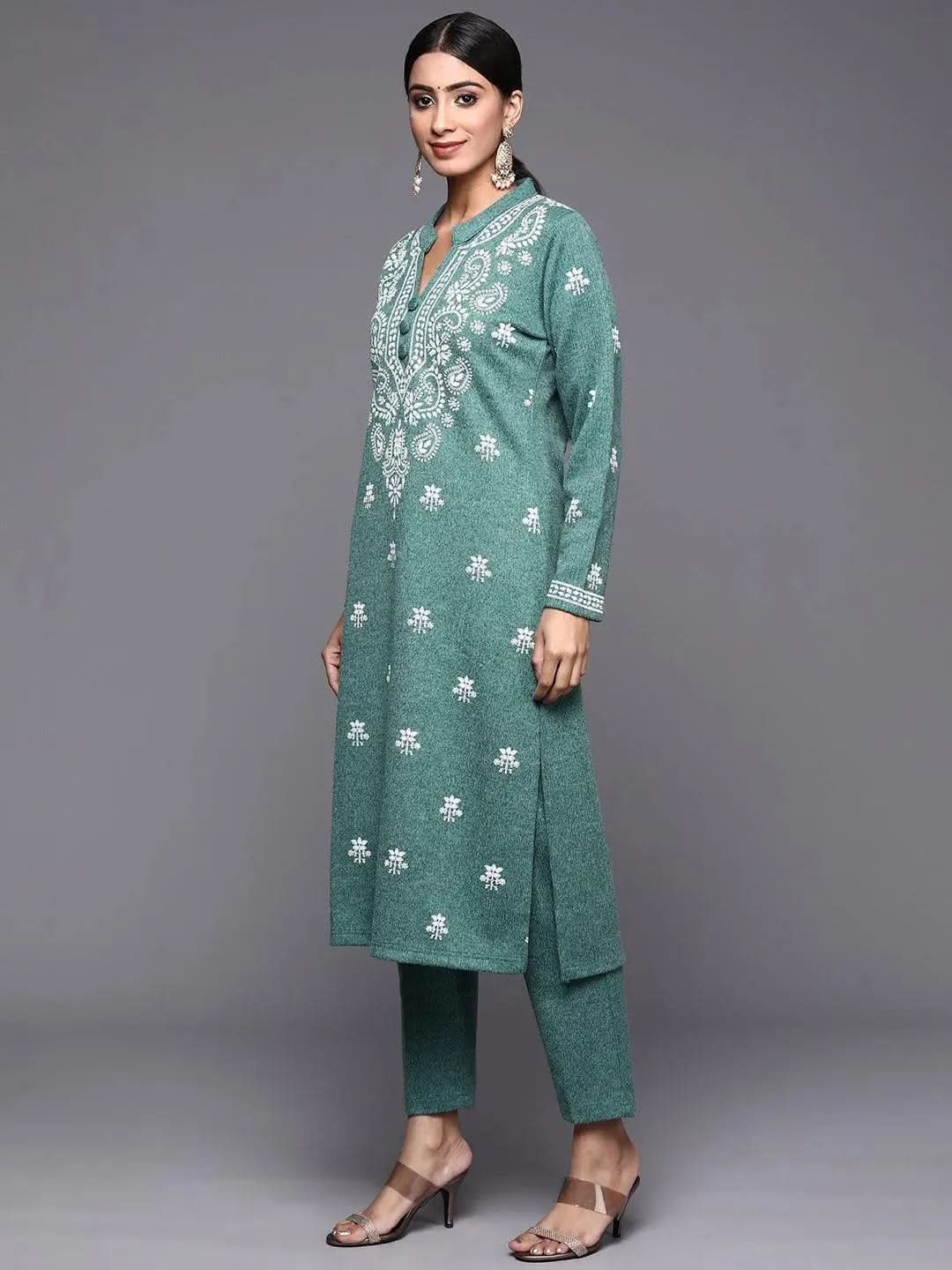 Sea Green Printed Wool Straight Suit Set - Libas