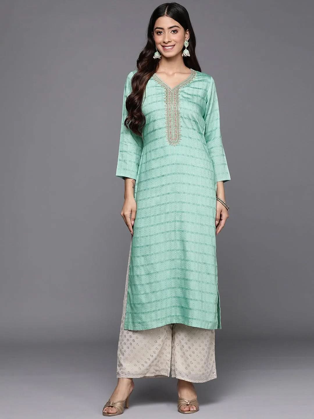 Sea Green Woven Design Rayon Straight Kurta - Libas