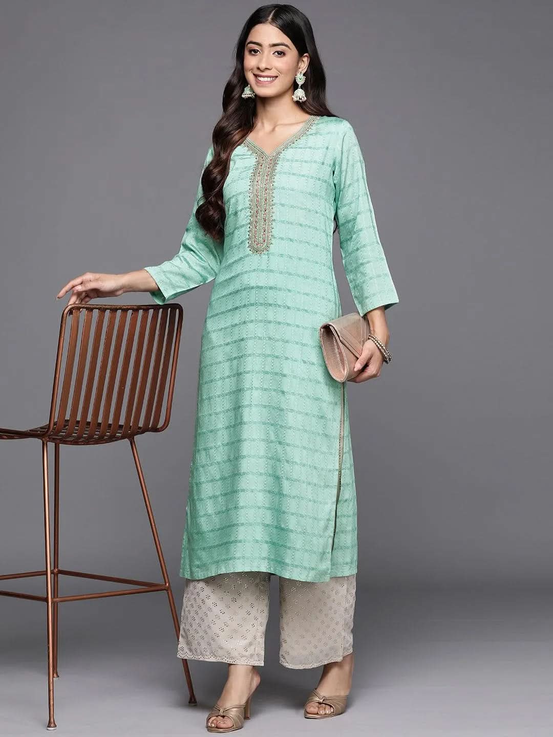 Sea Green Woven Design Rayon Straight Kurta - Libas