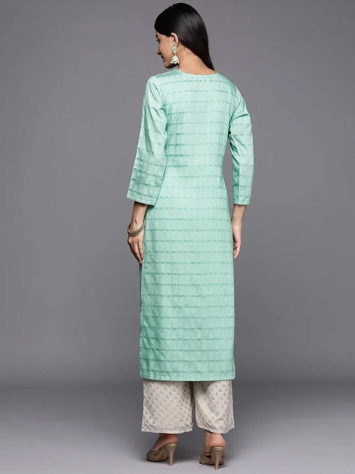 Sea Green Woven Design Rayon Straight Kurta - Libas
