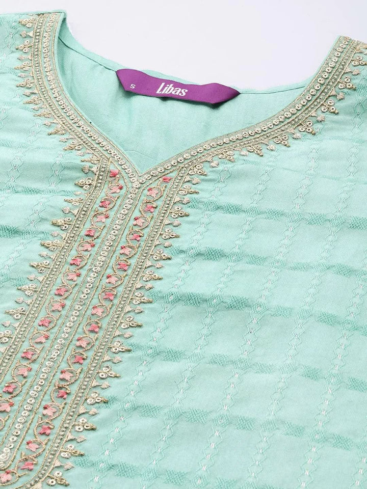 Sea Green Woven Design Rayon Straight Kurta - Libas