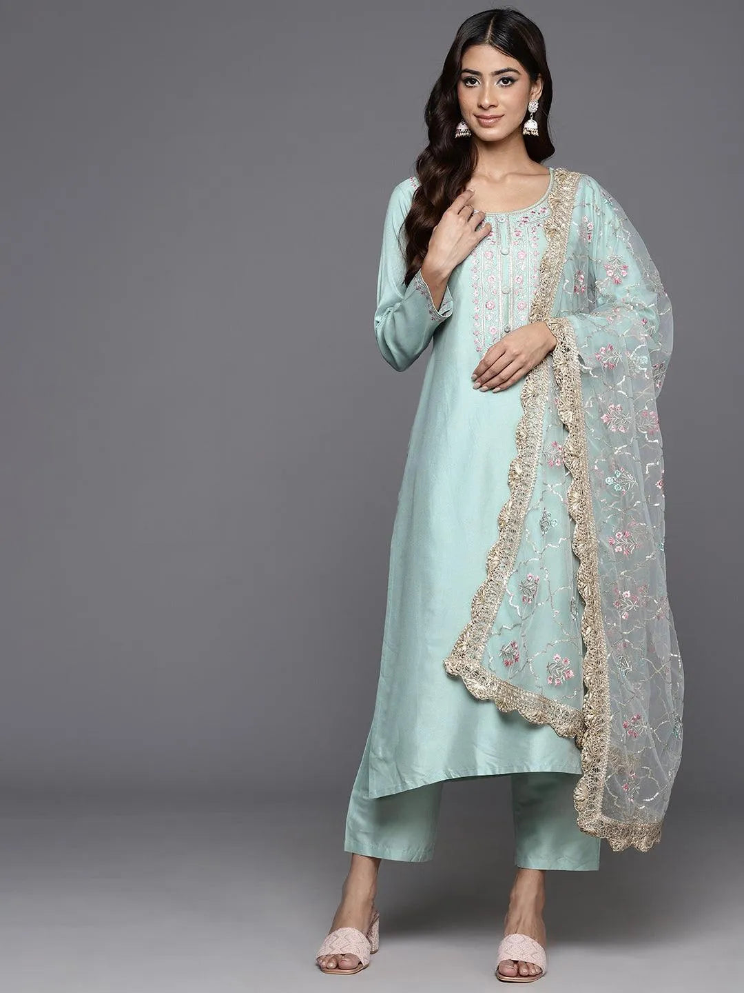 Sea Green Yoke Design Silk Blend Straight Kurta With Trousers & Dupatta - Libas