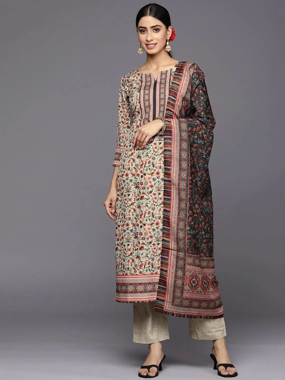 Ethnic Motifs Printed Silk Crepe Straight Kurta With Trousers & Dupatta