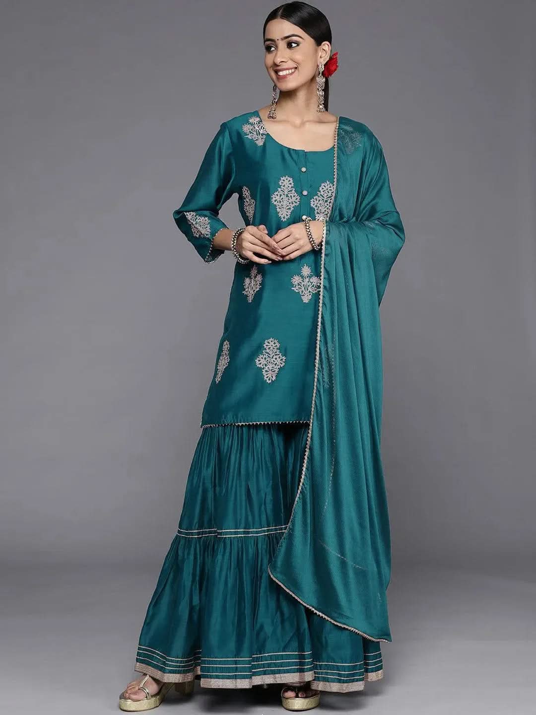 Teal Embroidered Chanderi Silk Straight Kurta With Sharara & Dupatta
Teal Embroidered Chanderi Silk Straight Kurta With Sharara & Dupatta