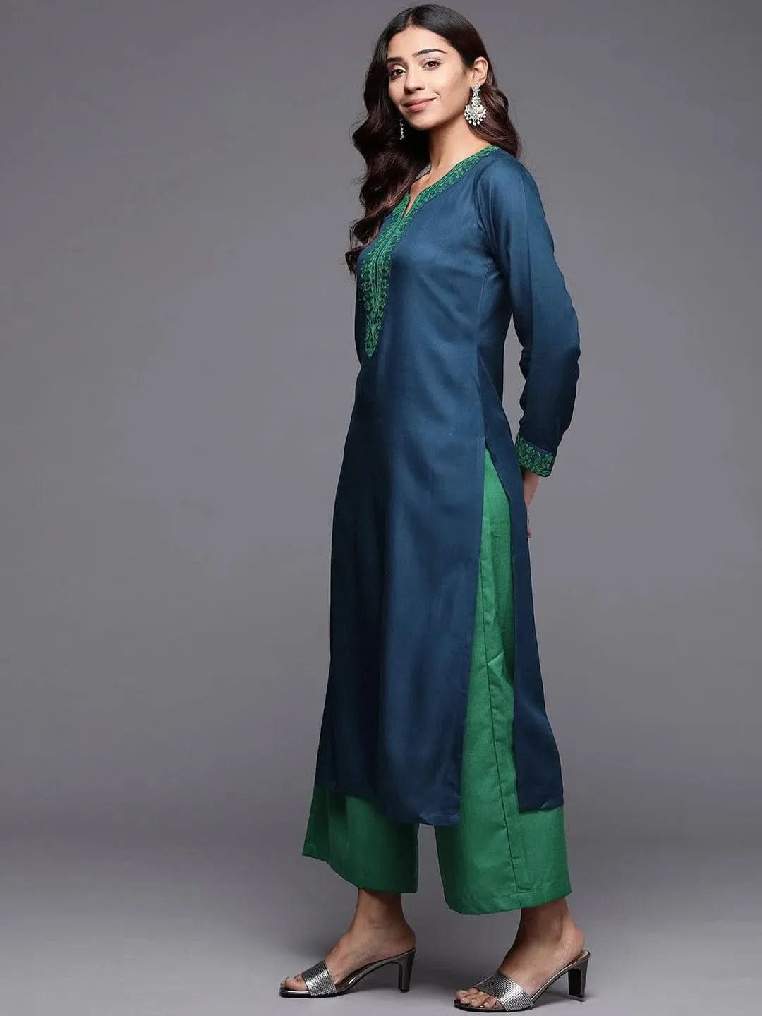 Teal Embroidered Pashmina Wool Straight Kurta
Teal Embroidered Pashmina Wool Straight Kurta