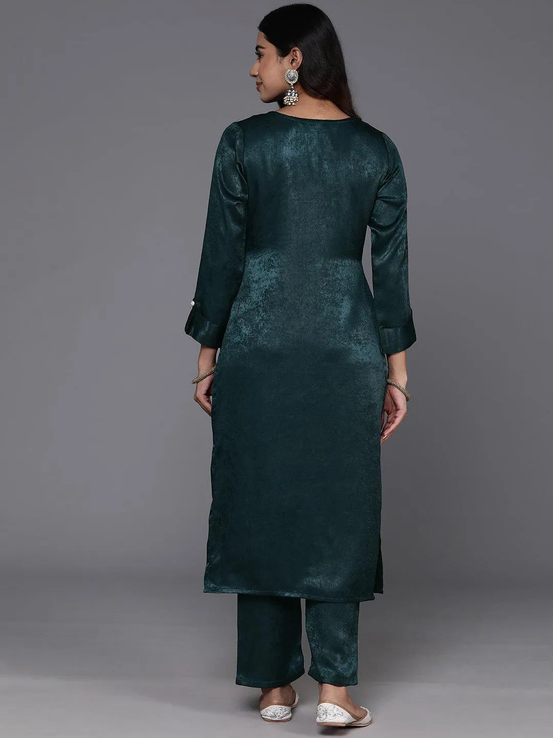 Teal Embroidered Polyester Straight Kurta With Trousers - Libas