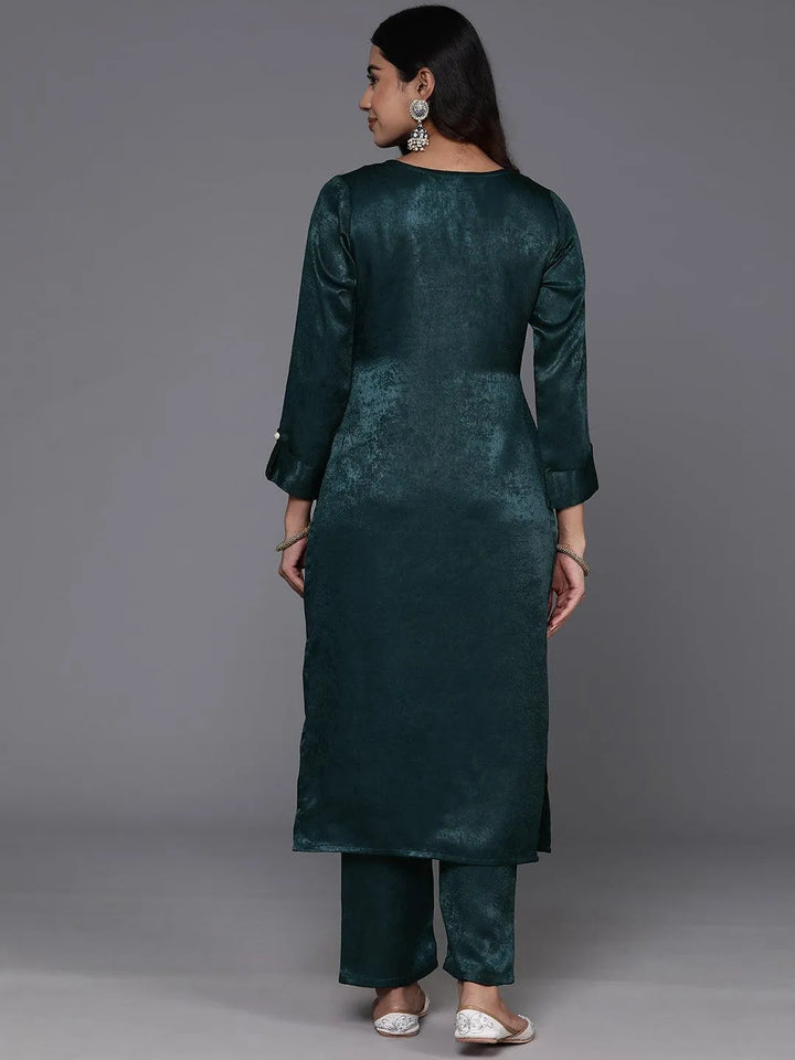 Teal Embroidered Polyester Straight Kurta With Trousers - Libas