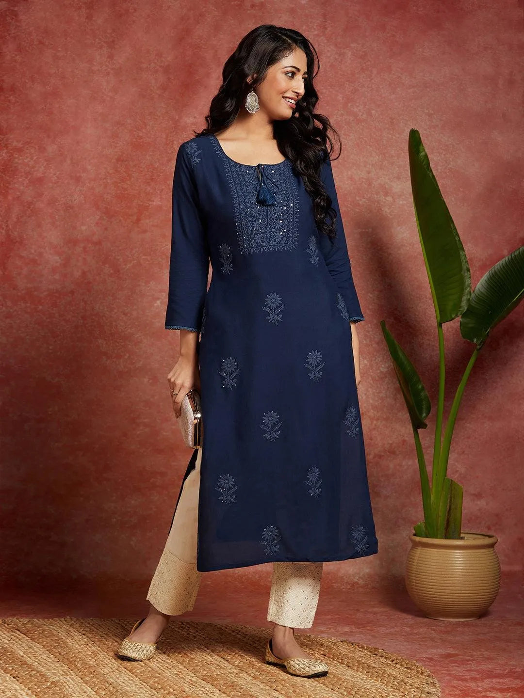Teal Embroidered Rayon Straight Kurta - Libas