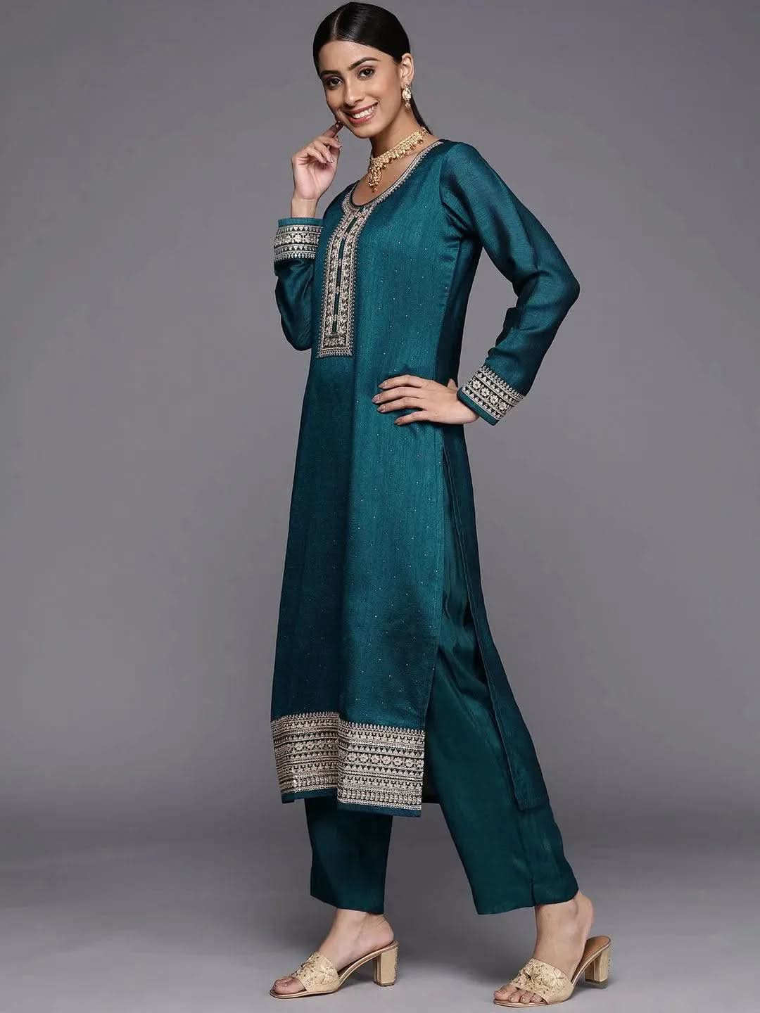 Teal Embroidered Silk Blend Straight Suit Set - Libas