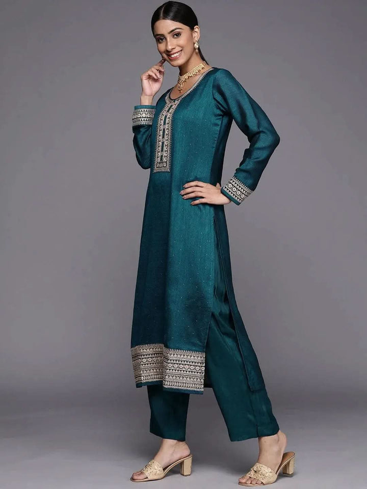 Teal Embroidered Silk Blend Straight Suit Set - Libas