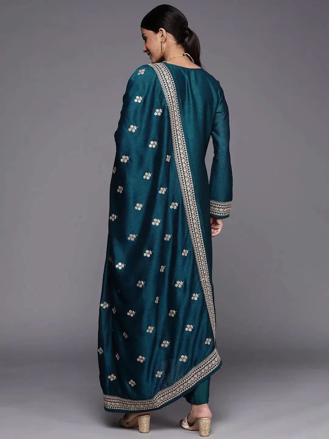 Teal Embroidered Silk Blend Straight Suit Set - Libas